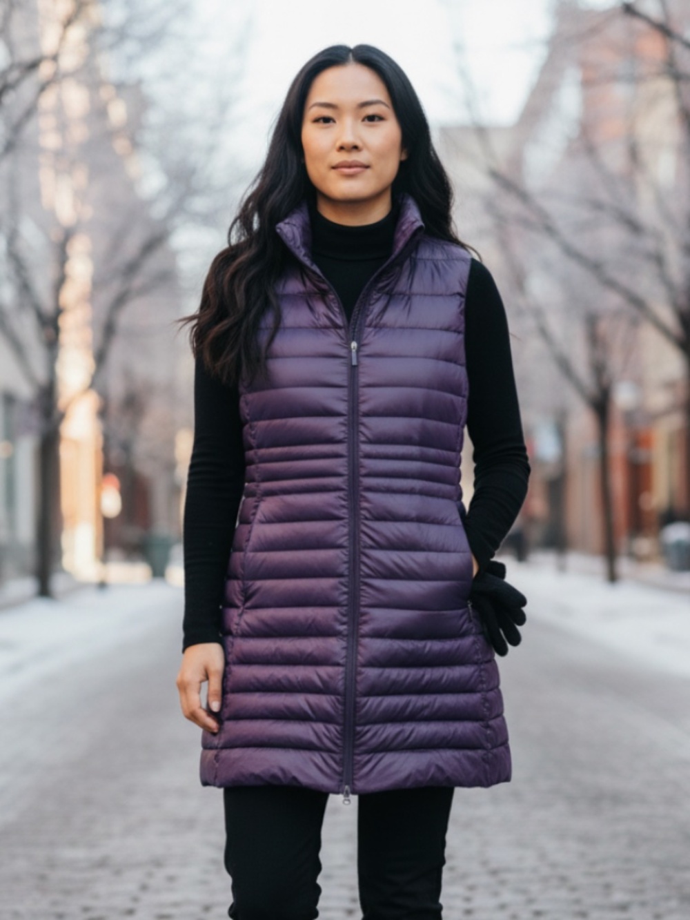 Lands End Down Filled Long Vest Jacket Sz Medium 10 12 Purple Puffer Puffy Zip